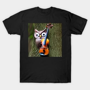 An Owl Appearing Out From A Tree With Violin By Its Side T-Shirt